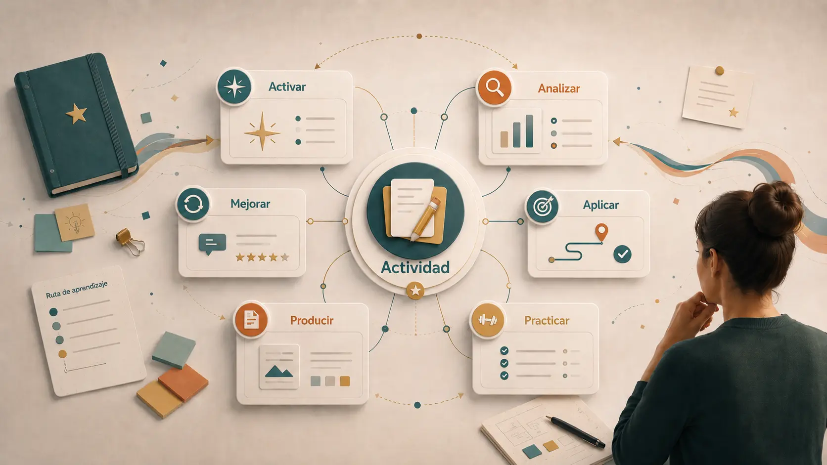 Mapa visual de funciones de una actividad de aprendizaje: activar, analizar, aplicar, practicar, producir y mejorar.