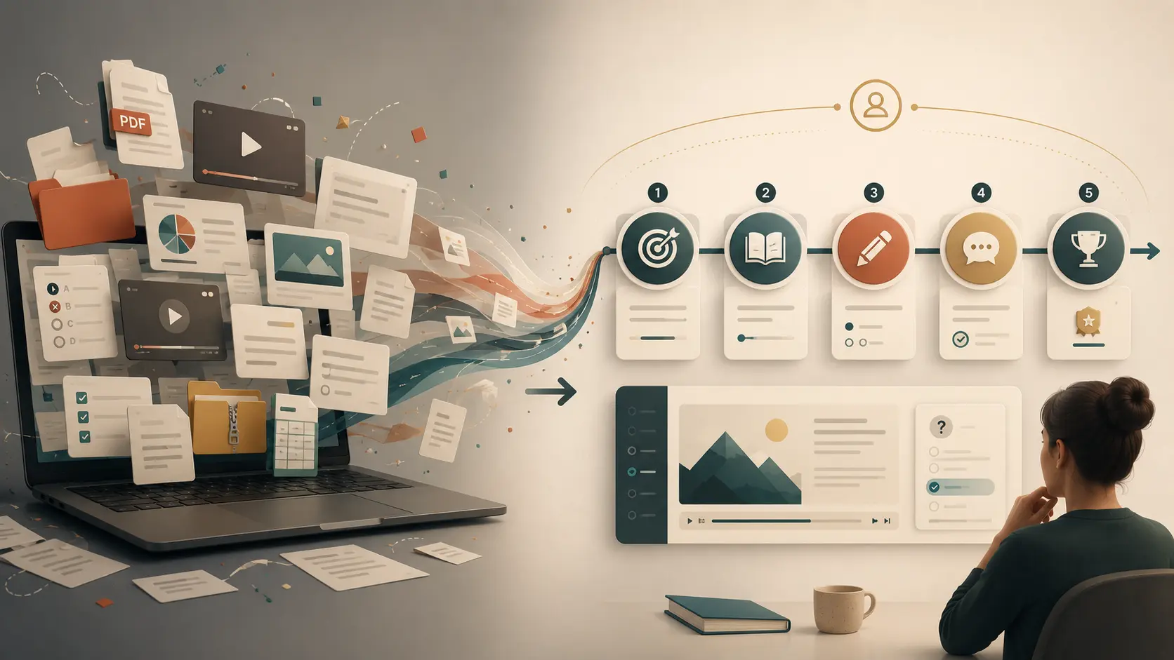 Representación visual del paso de contenidos digitalizados a una experiencia eLearning diseñada.
